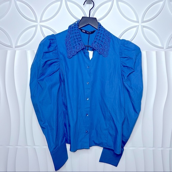 Zara Tops Zara Nwt Puffy Shoulder Sleeve Crocheted Collar Blouse